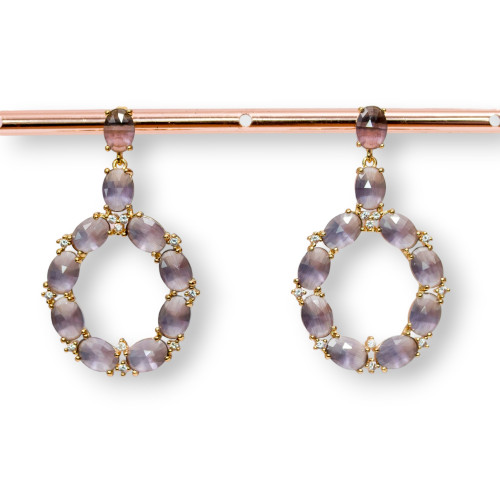 Bronze Stud Earrings With Cat's Eye Set Oval With Zircons 25.5x42mm Golden Purple