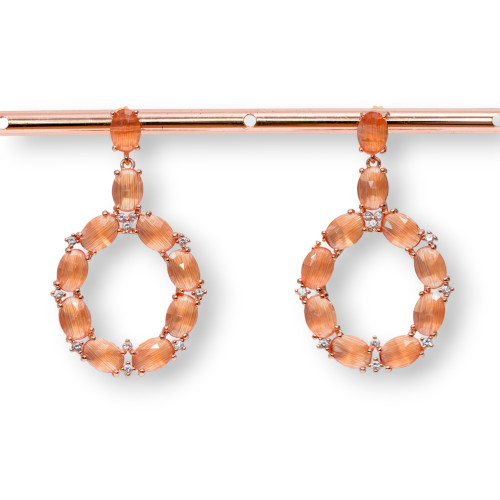 Bronze Stud Earrings with Cat's Eye Set Oval with Zircons 25.5x42mm Rose Gold Orange