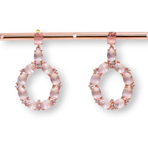 Bronze Stud Earrings with Cat's Eye Set Oval with Zircons 25.5x42mm Rose Gold Pink