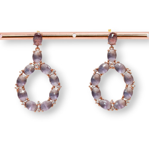 Bronze Stud Earrings With Cat's Eye Set Oval With Zircons 25.5x42mm Rose Gold Purple