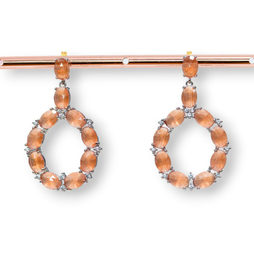 Bronze Stud Earrings With Cat's Eye Set Oval With Zircons 25.5x42mm Rhodium Plated Orange