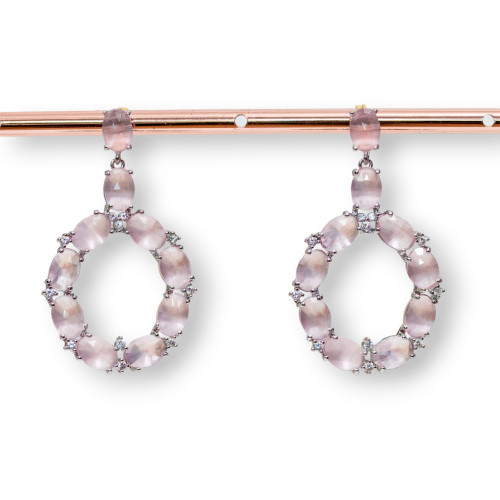 Bronze Stud Earrings With Cat's Eye Set Oval With Zircons 25.5x42mm Rhodium Plated Pink