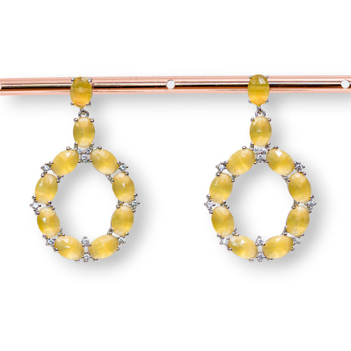 Bronze Stud Earrings With Cat's Eye Set Oval With Zircons 25.5x42mm Rhodium Plated Yellow