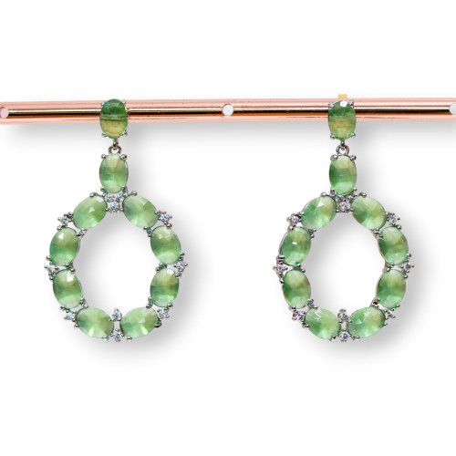 Bronze Stud Earrings With Cat's Eye Set Oval With Zircons 25.5x42mm Rhodium Plated Light Green