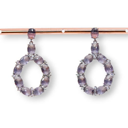 Bronze Stud Earrings With Cat's Eye Set Oval With Zircons 25.5x42mm Rhodium Plated Purple
