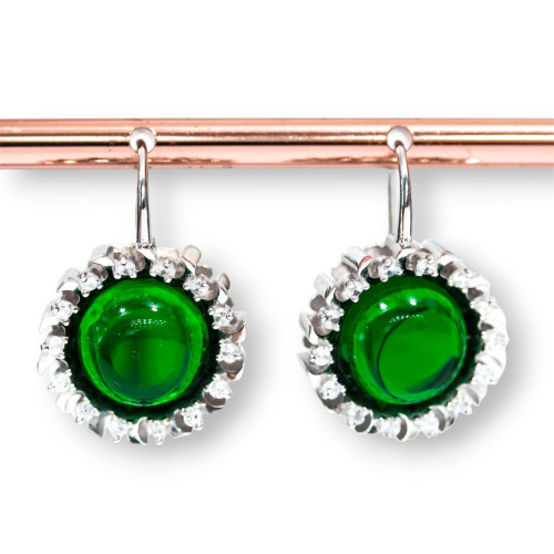 925 Silver Closed Hook Earrings With Set Zircons and Cabochon 16x23mm Green