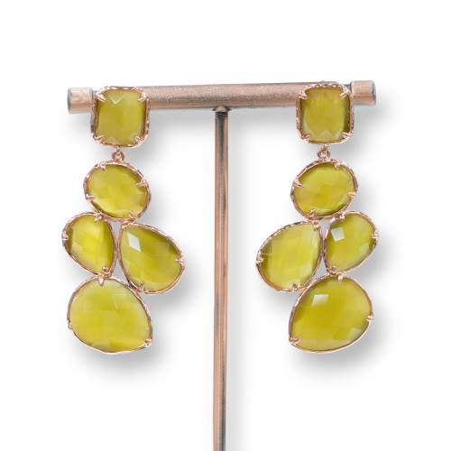 Χάλκινα καρφωτά σκουλαρίκια με Σετ Cat's Eye 10 Cabochons 24x53mm Rose Gold Olive