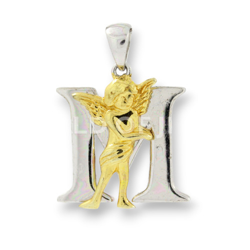 925 Silver Pendant Letter M With Rhodium-Plated Angel 1pc