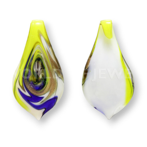 Patterned Murano Glass Pendant 32x62mm - 2pcs Yellow