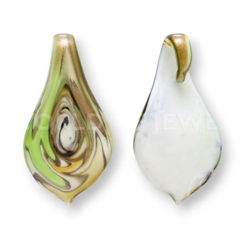 Patterned Murano Glass Pendant 32x62mm - 2pcs Green