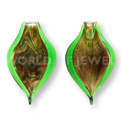 Patterned Murano Glass Pendant 44x70mm - 2pcs Green