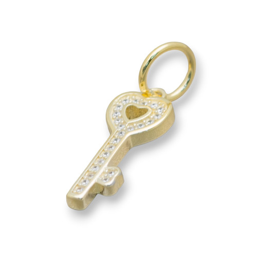 Charms-Anhänger aus 925er Silber, großes Loch mit Zirkonen, Schlüssel mit Herz, 5 Stück, golden