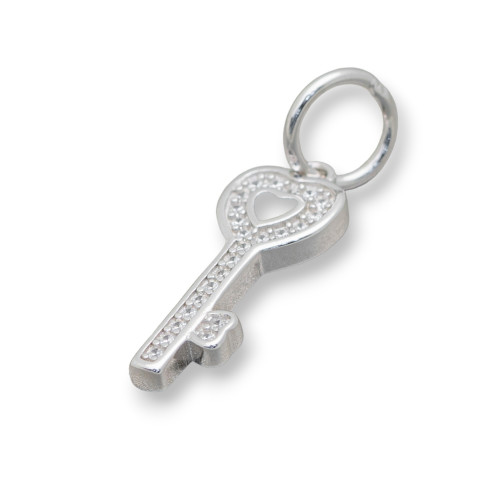 Charms-Anhänger aus 925er Silber, großes Loch mit Zirkonen, Schlüssel mit Herz, 5 Stück, rhodiniert