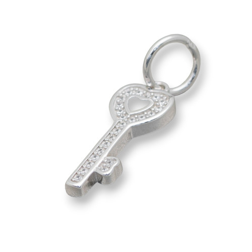 Charms Pendants Of 925 Silver Large Hole With Zircons Key With Heart 5pcs Rhodium Plated