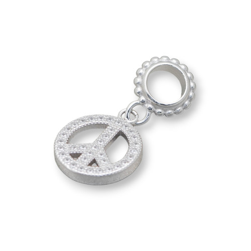 Charms Pendants Of 925 Silver Large Hole With Zircons Peace 5pcs Rhodium Plated