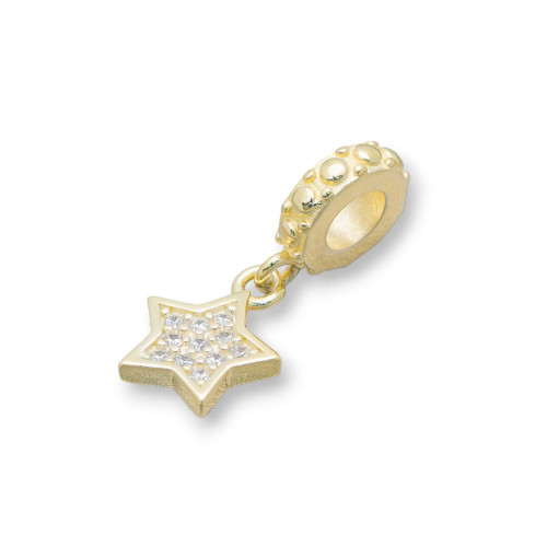 Charms Pendants Of 925 Silver Large Hole With Star Zircons 4pcs Golden