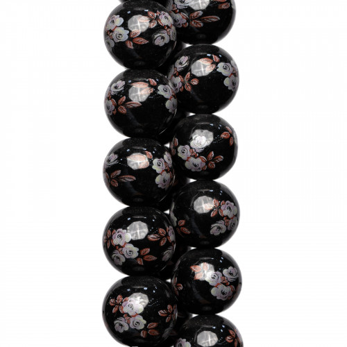 Black Ceramic With Floral Print Smooth Round 16mm