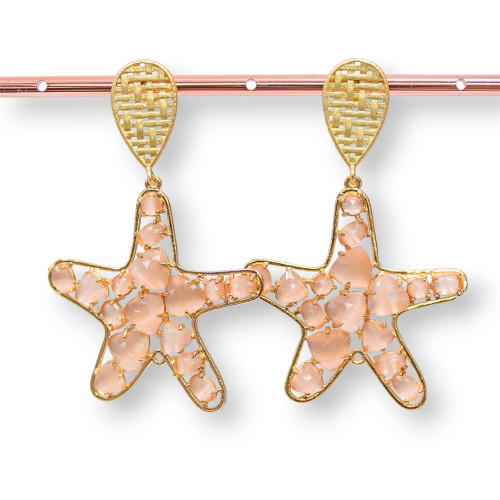 Bronze Stud Earrings With Starfish Cat's Eye 43x66mm Peach