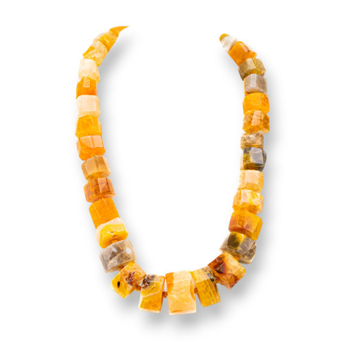 Geknotete Halbedelstein-Halskette mit facettierter Unterlegscheibe, Messingverschluss, 14–30 mm, Halskettenlänge 55 cm, Gelb
