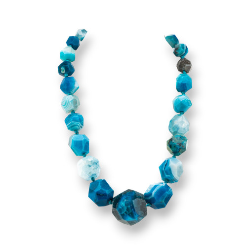 Geknotete Halbedelstein-Halskette mit Messingverschluss, facettierter Stein, 14–30 mm, Halskettenlänge 50 cm, blauer Achat