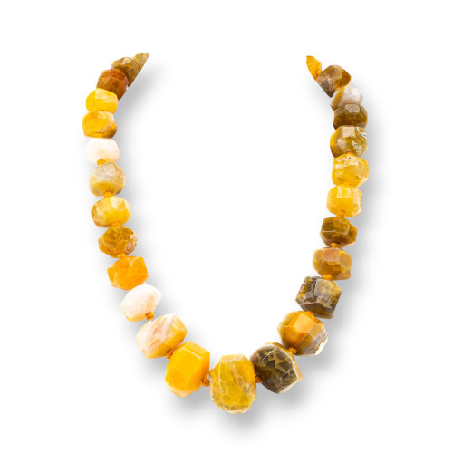 Geknotete Halbedelstein-Halskette mit Messingverschluss, facettierter Stein, 14–30 mm, Halskettenlänge 50 cm, gelber Achat