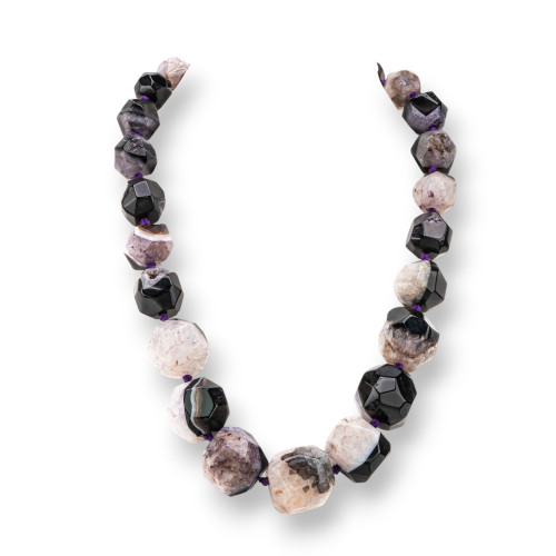 Knotted Semiprecious Stone Necklace With Brass Clasp Faceted Stone 14-30mm Necklace Length 50cm Black Agate Mixed White