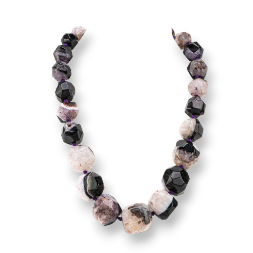 Collier en pierre semi-précieuse nouée avec fermoir en laiton, pierre à facettes 14-30mm, longueur du collier 50cm, Agate noire, blanc mélangé