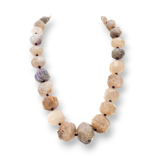 Knotted Semi-precious Stone Necklace With Brass Clasp Faceted Stone 14-30mm Necklace Length 50cm Gray