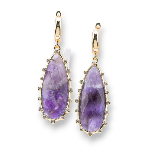 Bronze Closed Stud Earrings With Drop Of 18x56mm Amethyst Gemstones