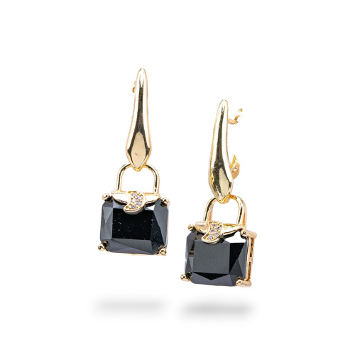 Bronze Cat Eye Stud Earrings With Zirconia 14x37mm Black