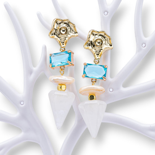 Bronze Stud Earrings With Hard Stones, Crystals and River Pearls 18x62mm Light Blue White