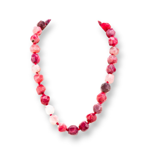 Knotted Semiprecious Stone Necklace With Brass Closure Irregular Faceted Stone 13-17mm Necklace Length 55cm Fuchsia Agate