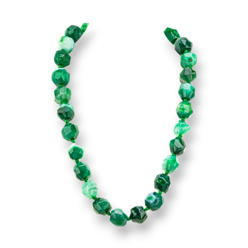 Geknotete Halbedelstein-Halskette mit Messingverschluss, facettierter unregelmäßiger Stein, 13–17 mm, Halskettenlänge 55 cm, grüner Achat