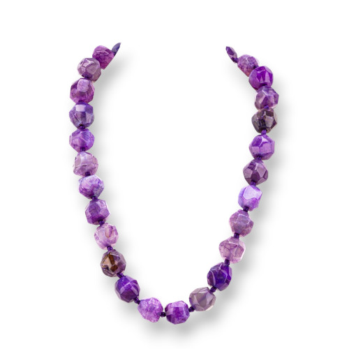 Collier en pierre semi-précieuse nouée avec fermoir en laiton, pierre irrégulière à facettes 13-17mm, longueur du collier 55cm, Agate violette