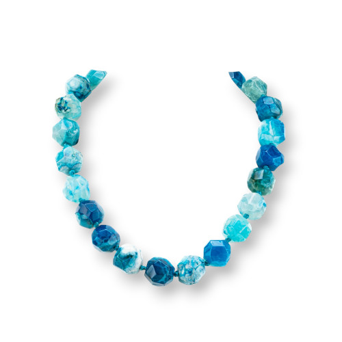 Knotted Semiprecious Stone Necklace With Brass Clasp Faceted Irregular Stone 14-20mm Necklace Length 50cm Blue Agate