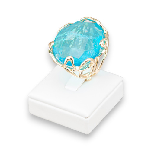 Bronze Ring With Irregular Natural Stone 28x32mm Adjustable Size Golden Blue Rock Crystal
