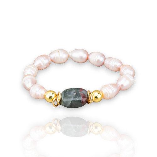 Elastic Bracelet of 10mm Freshwater Pearls with Hematite and Bloody Jasper Natural Stones