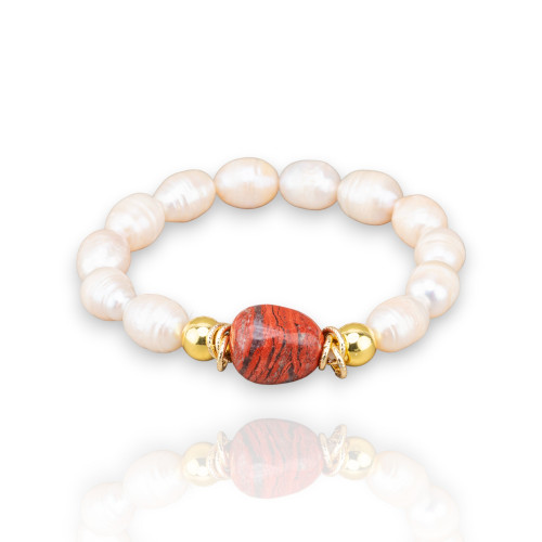Elastic Bracelet of 10mm Freshwater Pearls with Hematite and Natural Red Jasper Stones