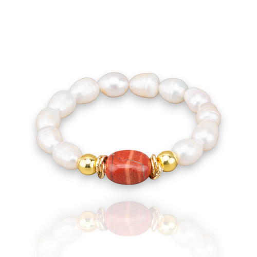 Elastic Bracelet of 10mm Freshwater Pearls with Hematite and Natural Red Jasper Stones