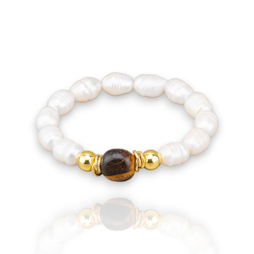 Elastic Bracelet of 10mm Freshwater Pearls with Hematite and Natural Tiger's Eye Stones