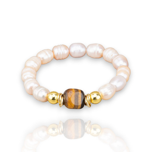 Elastic Bracelet of 10mm Freshwater Pearls with Hematite and Natural Tiger's Eye Stones