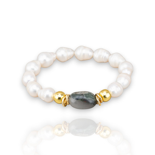 Elastic Bracelet Of 10mm Freshwater Pearls With Hematite And Natural Musk Quartz Stones