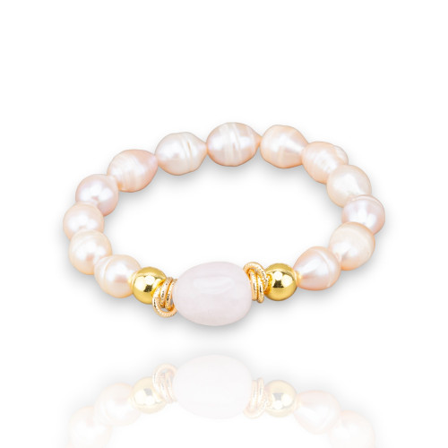 Elastic Bracelet of 10mm Freshwater Pearls with Hematite and Rose Quartz Natural Stones