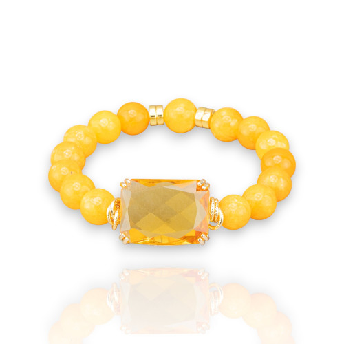 Elastic Bracelet of 10mm Semi-precious Stones with Hematite and Central Crystal Cabochon 19x26mm Yellow