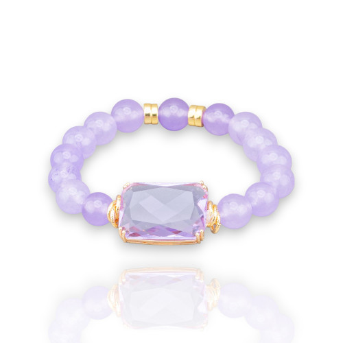 Elastisches Armband aus 10 mm großen Halbedelsteinen mit Hämatit und zentralem Kristall-Cabochon 19 x 26 mm Lavendel