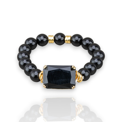 Elastic Bracelet of 10mm Semi-precious Stones with Hematite and Central Crystal Cabochon 19x26mm Black