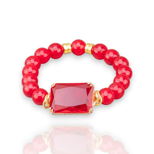 Elastic Bracelet of 10mm Semi-precious Stones with Hematite and Central Crystal Cabochon 19x26mm Red