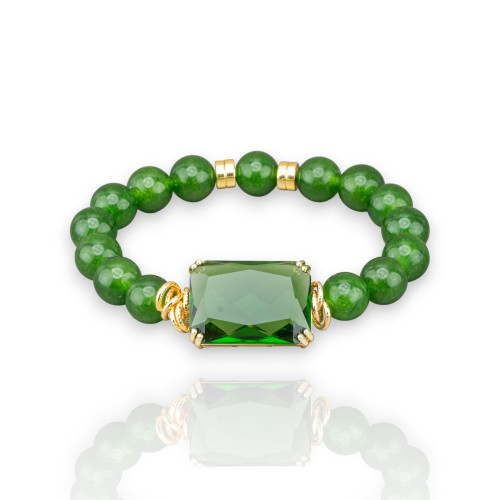 Elastic Bracelet of 10mm Semi-precious Stones with Hematite and Central Crystal Cabochon 19x26mm Green