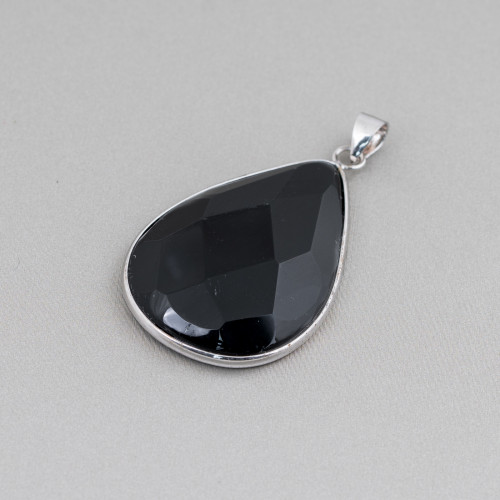 Pendentif Argent 925 et Onyx - Goutte Plate Facette 30x40mm