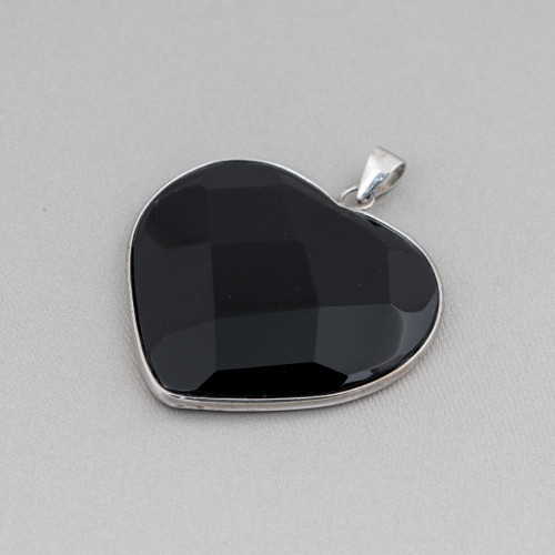Pendant of 925 Silver and Onyx Faceted Flat Heart 30mm